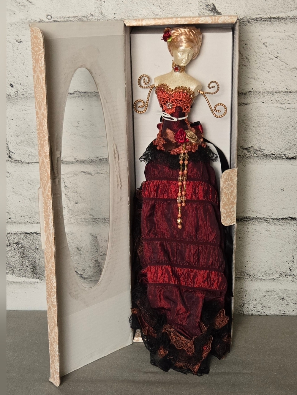 Vintage Victorian Lady Jewelry Stand Holder Burgundy Dress Display Boxed